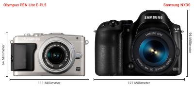Größenvergleich: OM System PEN Lite E-PL5 vs. Samsung NX30