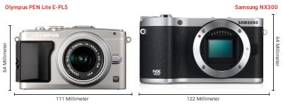 Größenvergleich: OM System PEN Lite E-PL5 vs. Samsung NX300 Größenvergleich: OM System PEN Lite E-PL5 vs. Samsung NX300