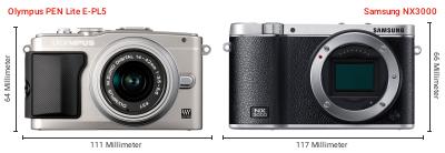 Größenvergleich: OM System PEN Lite E-PL5 vs. Samsung NX3000 Größenvergleich: OM System PEN Lite E-PL5 vs. Samsung NX3000