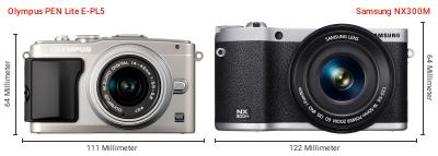 Größenvergleich: OM System PEN Lite E-PL5 vs. Samsung NX300M Größenvergleich: OM System PEN Lite E-PL5 vs. Samsung NX300M