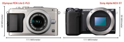 Größenvergleich: OM System PEN Lite E-PL5 vs. Sony Alpha NEX-5T Größenvergleich: OM System PEN Lite E-PL5 vs. Sony Alpha NEX-5T