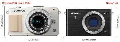 Größenvergleich: OM System PEN mini E-PM2 vs. Nikon 1 J4