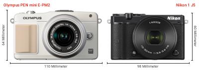 Größenvergleich: OM System PEN mini E-PM2 vs. Nikon 1 J5