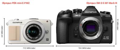 Größenvergleich: OM System PEN mini E-PM2 vs. OM System OM-D E-M1 Mark III Größenvergleich: OM System PEN mini E-PM2 vs. OM System OM-D E-M1 Mark III