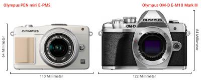 Größenvergleich: OM System PEN mini E-PM2 vs. OM System OM-D E-M10 Mark III Größenvergleich: OM System PEN mini E-PM2 vs. OM System OM-D E-M10 Mark III