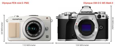 Größenvergleich: OM System PEN mini E-PM2 vs. OM System OM-D E-M5 Mark II Größenvergleich: OM System PEN mini E-PM2 vs. OM System OM-D E-M5 Mark II
