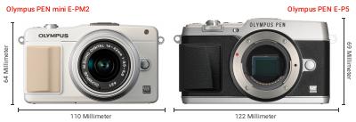 Größenvergleich: OM System PEN mini E-PM2 vs. OM System PEN E-P5 Größenvergleich: OM System PEN mini E-PM2 vs. OM System PEN E-P5