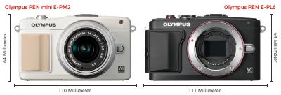 Größenvergleich: OM System PEN mini E-PM2 vs. OM System PEN E-PL6 Größenvergleich: OM System PEN mini E-PM2 vs. OM System PEN E-PL6