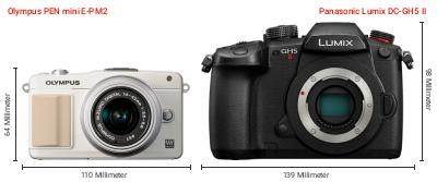 Größenvergleich: OM System PEN mini E-PM2 vs. Panasonic Lumix DC-GH5 II