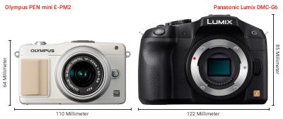 Größenvergleich: OM System PEN mini E-PM2 vs. Panasonic Lumix DMC-G6 Größenvergleich: OM System PEN mini E-PM2 vs. Panasonic Lumix DMC-G6