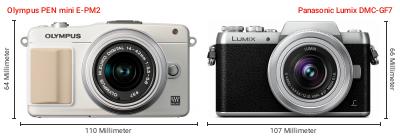 Größenvergleich: OM System PEN mini E-PM2 vs. Panasonic Lumix DMC-GF7