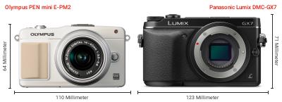 Größenvergleich: OM System PEN mini E-PM2 vs. Panasonic Lumix DMC-GX7 Größenvergleich: OM System PEN mini E-PM2 vs. Panasonic Lumix DMC-GX7