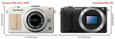 Größenvergleich: OM System PEN mini E-PM2 vs. Sony Alpha NEX-3N Größenvergleich: OM System PEN mini E-PM2 vs. Sony Alpha NEX-3N