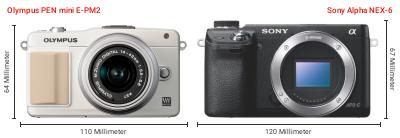 Größenvergleich: OM System PEN mini E-PM2 vs. Sony Alpha NEX-6 Größenvergleich: OM System PEN mini E-PM2 vs. Sony Alpha NEX-6
