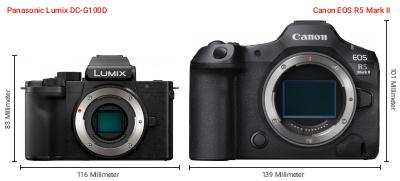 Größenvergleich: Panasonic Lumix DC-G100D vs. Canon EOS R5 Mark II Größenvergleich: Panasonic Lumix DC-G100D vs. Canon EOS R5 Mark II