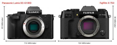 Größenvergleich: Panasonic Lumix DC-G100D vs. Fujifilm X-T50 Größenvergleich: Panasonic Lumix DC-G100D vs. Fujifilm X-T50