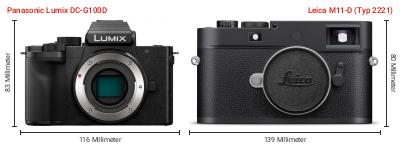 Größenvergleich: Panasonic Lumix DC-G100D vs. Leica M11-D (Typ 2221) Größenvergleich: Panasonic Lumix DC-G100D vs. Leica M11-D (Typ 2221)