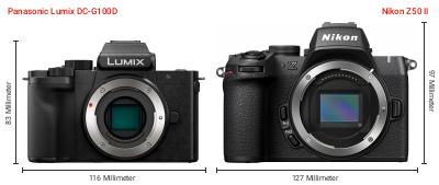 Größenvergleich: Panasonic Lumix DC-G100D vs. Nikon Z50 II Größenvergleich: Panasonic Lumix DC-G100D vs. Nikon Z50 II