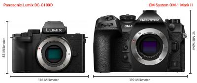 Größenvergleich: Panasonic Lumix DC-G100D vs. OM System OM-1 Mark II Größenvergleich: Panasonic Lumix DC-G100D vs. OM System OM-1 Mark II