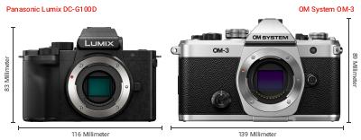 Größenvergleich: Panasonic Lumix DC-G100D vs. OM System OM-3 Größenvergleich: Panasonic Lumix DC-G100D vs. OM System OM-3