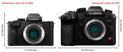 Größenvergleich: Panasonic Lumix DC-G100D vs. Panasonic Lumix DC-GH7 Größenvergleich: Panasonic Lumix DC-G100D vs. Panasonic Lumix DC-GH7