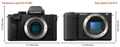 Größenvergleich: Panasonic Lumix DC-G100D vs. Sony Alpha ZV-E10 II Größenvergleich: Panasonic Lumix DC-G100D vs. Sony Alpha ZV-E10 II