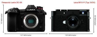 Größenvergleich: Panasonic Lumix DC-G9 vs. Leica M10-P (Typ 3656) Größenvergleich: Panasonic Lumix DC-G9 vs. Leica M10-P (Typ 3656)