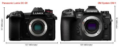 Größenvergleich: Panasonic Lumix DC-G9 vs. OM System OM-1 Größenvergleich: Panasonic Lumix DC-G9 vs. OM System OM-1