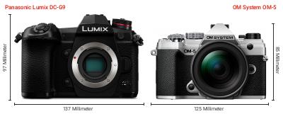 Größenvergleich: Panasonic Lumix DC-G9 vs. OM System OM-5 Größenvergleich: Panasonic Lumix DC-G9 vs. OM System OM-5