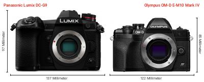 Größenvergleich: Panasonic Lumix DC-G9 vs. OM System OM-D E-M10 Mark IV Größenvergleich: Panasonic Lumix DC-G9 vs. OM System OM-D E-M10 Mark IV