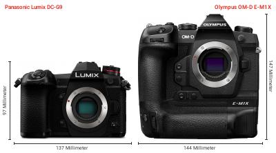 Größenvergleich: Panasonic Lumix DC-G9 vs. OM System OM-D E-M1X Größenvergleich: Panasonic Lumix DC-G9 vs. OM System OM-D E-M1X