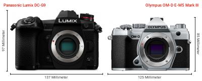 Größenvergleich: Panasonic Lumix DC-G9 vs. OM System OM-D E-M5 Mark III Größenvergleich: Panasonic Lumix DC-G9 vs. OM System OM-D E-M5 Mark III