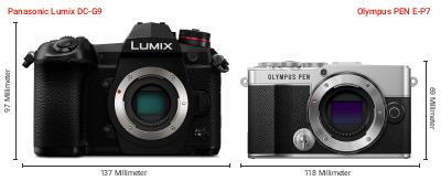 Größenvergleich: Panasonic Lumix DC-G9 vs. OM System PEN E-P7 Größenvergleich: Panasonic Lumix DC-G9 vs. OM System PEN E-P7