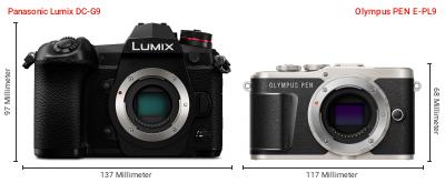 Größenvergleich: Panasonic Lumix DC-G9 vs. OM System PEN E-PL9 Größenvergleich: Panasonic Lumix DC-G9 vs. OM System PEN E-PL9