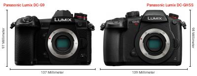 Größenvergleich: Panasonic Lumix DC-G9 vs. Panasonic Lumix DC-GH5S Größenvergleich: Panasonic Lumix DC-G9 vs. Panasonic Lumix DC-GH5S
