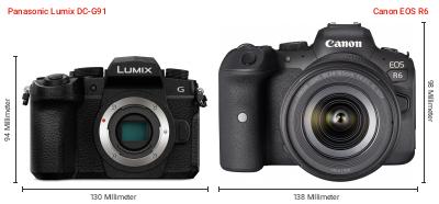 Größenvergleich: Panasonic Lumix DC-G91 vs. Canon EOS R6 Größenvergleich: Panasonic Lumix DC-G91 vs. Canon EOS R6