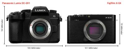 Größenvergleich: Panasonic Lumix DC-G91 vs. Fujifilm X-E4 Größenvergleich: Panasonic Lumix DC-G91 vs. Fujifilm X-E4