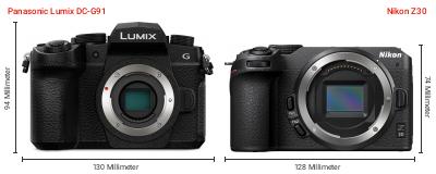 Größenvergleich: Panasonic Lumix DC-G91 vs. Nikon Z30 Größenvergleich: Panasonic Lumix DC-G91 vs. Nikon Z30