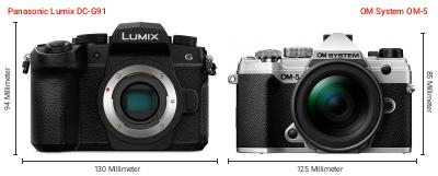 Größenvergleich: Panasonic Lumix DC-G91 vs. OM System OM-5 Größenvergleich: Panasonic Lumix DC-G91 vs. OM System OM-5