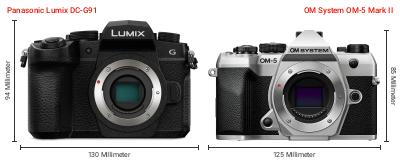 Größenvergleich: Panasonic Lumix DC-G91 vs. OM System OM-5 Mark II