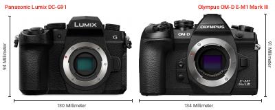 Größenvergleich: Panasonic Lumix DC-G91 vs. OM System OM-D E-M1 Mark III Größenvergleich: Panasonic Lumix DC-G91 vs. OM System OM-D E-M1 Mark III