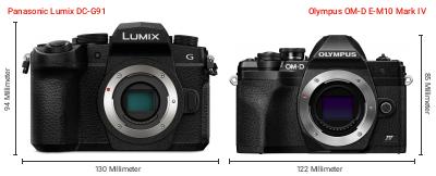 Größenvergleich: Panasonic Lumix DC-G91 vs. OM System OM-D E-M10 Mark IV Größenvergleich: Panasonic Lumix DC-G91 vs. OM System OM-D E-M10 Mark IV