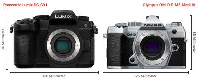 Größenvergleich: Panasonic Lumix DC-G91 vs. OM System OM-D E-M5 Mark III Größenvergleich: Panasonic Lumix DC-G91 vs. OM System OM-D E-M5 Mark III