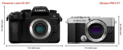 Größenvergleich: Panasonic Lumix DC-G91 vs. Olympus PEN E-P7 Größenvergleich: Panasonic Lumix DC-G91 vs. Olympus PEN E-P7