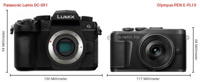 Größenvergleich: Panasonic Lumix DC-G91 vs. OM System PEN E-PL10 Größenvergleich: Panasonic Lumix DC-G91 vs. OM System PEN E-PL10