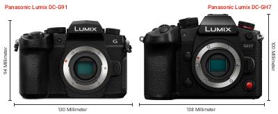 Größenvergleich: Panasonic Lumix DC-G91 vs. Panasonic Lumix DC-GH7 Größenvergleich: Panasonic Lumix DC-G91 vs. Panasonic Lumix DC-GH7