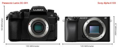 Größenvergleich: Panasonic Lumix DC-G91 vs. Sony Alpha 6100 Größenvergleich: Panasonic Lumix DC-G91 vs. Sony Alpha 6100