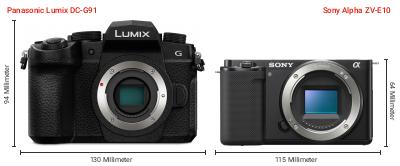 Größenvergleich: Panasonic Lumix DC-G91 vs. Sony Alpha ZV-E10 Größenvergleich: Panasonic Lumix DC-G91 vs. Sony Alpha ZV-E10