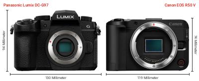 Größenvergleich: Panasonic Lumix DC-G97 vs. Canon EOS R50 V Größenvergleich: Panasonic Lumix DC-G97 vs. Canon EOS R50 V