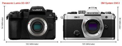 Größenvergleich: Panasonic Lumix DC-G97 vs. OM System OM-3 Größenvergleich: Panasonic Lumix DC-G97 vs. OM System OM-3